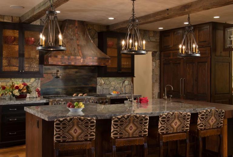 Three of 2nd Ave's 18"W Lakeshore 4 LT Chandeliers hung over a marble kitchen island.