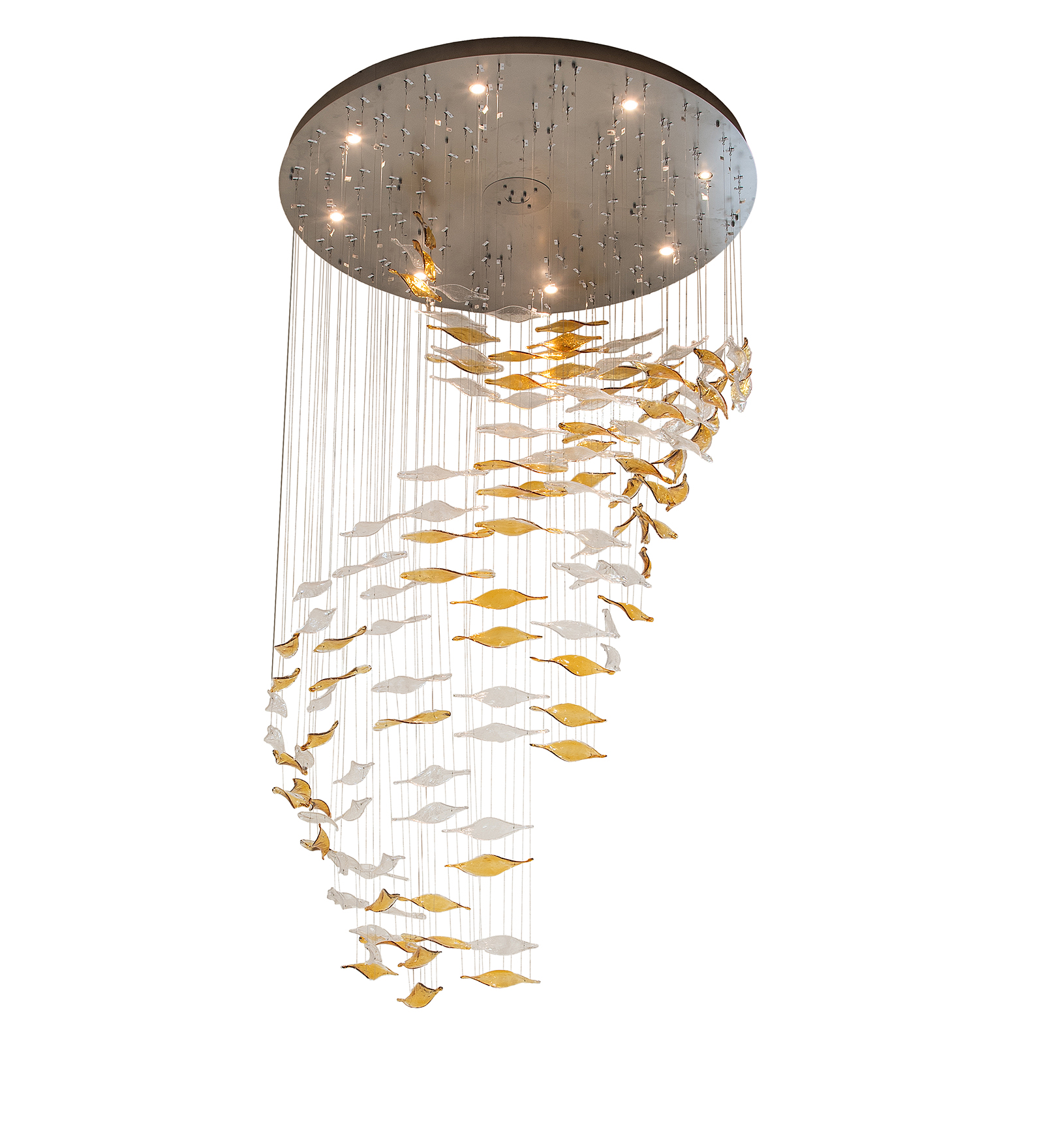 Overall shot of Schole Cascading Pendant by 2nd Ave Lighting. Reminiscent of a school of fish.