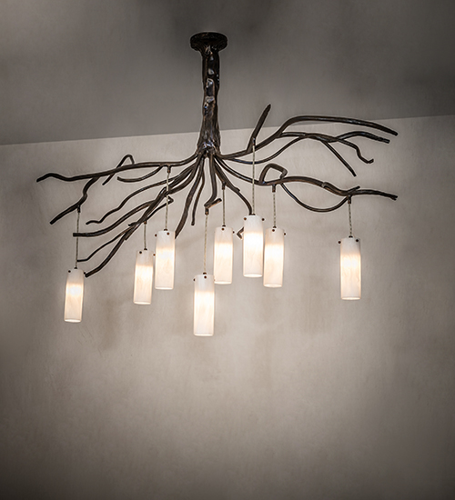 This Winter Solstice fixture features a pine branch design enhanced by ambient lighting. Eight luminescent Whitestone Idalight Cylindres are embraced by a Dark Burnished Antique Copper frame.