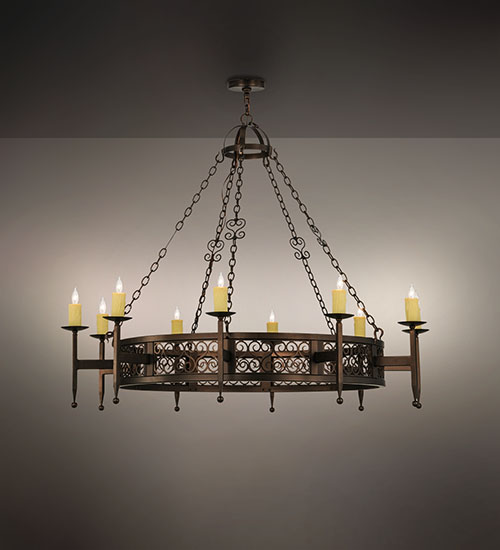 The Toscano Chandelier exudes regal elegance with 10 Ivory faux candlelights on scroll-accented arms. Supported by a Mahogany Bronze frame, it adds timeless charm to any space.