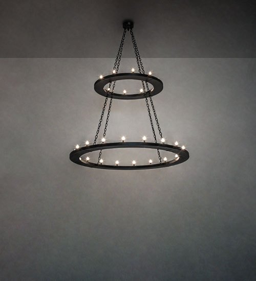 The Loxley chandelier combines timeless elegance with bold design. Featuring 28 clear glass lamps arranged on two robust rings with a sleek Textured Black finish, it’s perfect for brightening grand spaces.